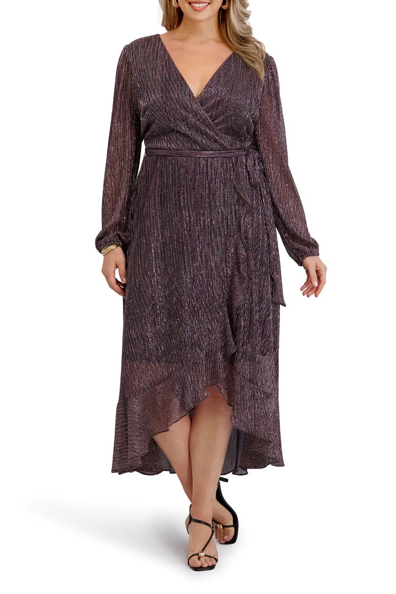 Ruffled Metallic Long Sleeve High-Low Maxi Dress, Main, color, ROSE GOLD