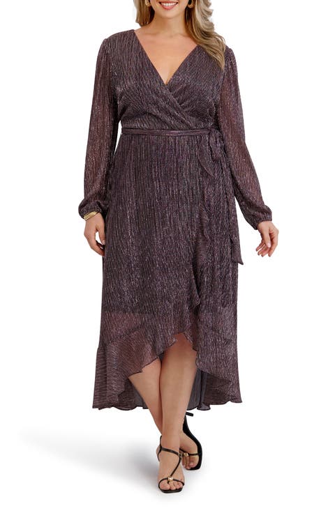 Ruffled Metallic Long Sleeve High-Low Maxi Dress