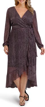 Kensie Ruffled Metallic Long Sleeve High-Low Maxi Dress
