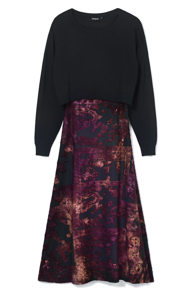 Rosy Velvet Jacquard Dress & Pullover Sweater, Alternate, color, PURPLE/ BLACK MIX