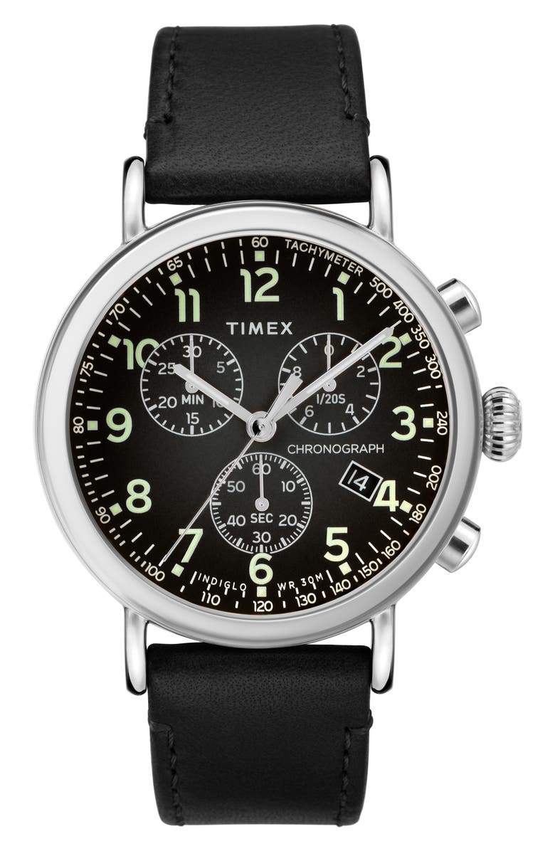 Timex<sup>®</sup> Standard Chronograph Leather Strap Watch, 41mm, Main, color, 