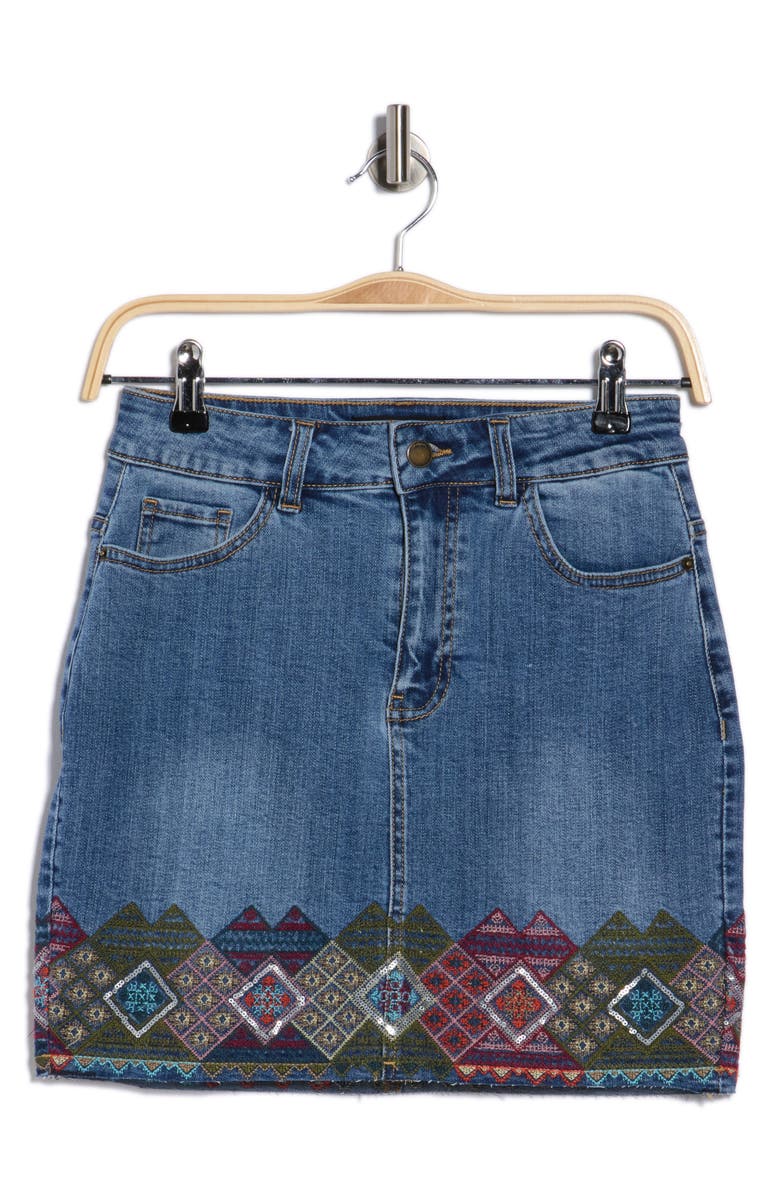 Desigual Square Border Embroidered Denim Miniskirt, Alternate, color, Medium Blue