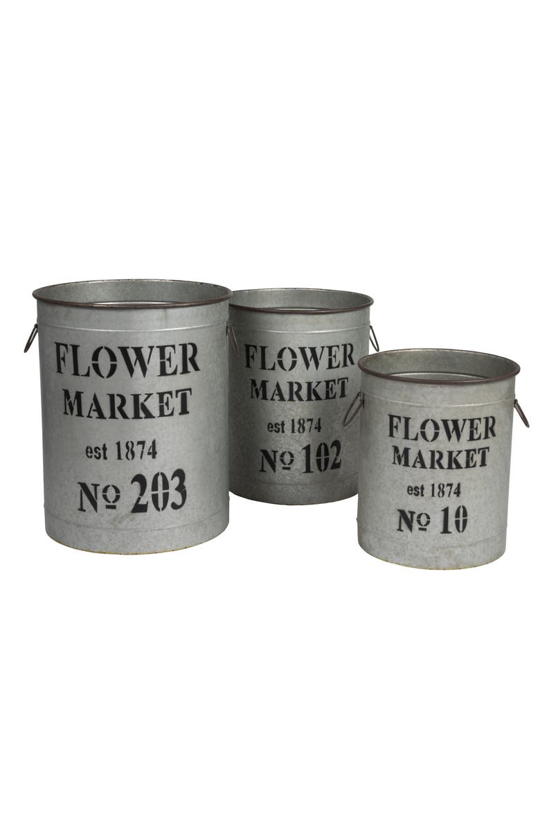 Storied Home Buckets with Handles and "Flower Market" Text, Main, color, Silver