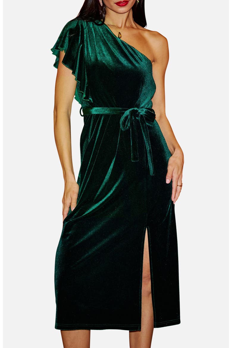 Velvet Frill One Shoulder Midi Dress, Alternate, color, Green
