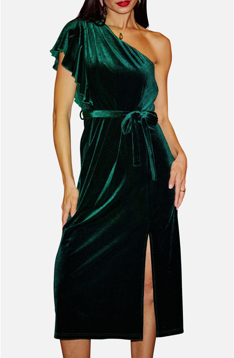Yumi Velvet Frill One Shoulder Midi Dress, Alternate, color, Green