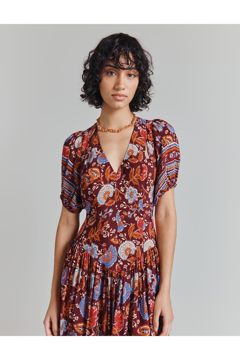 Christy Crepe Midi Tea Dress, Alternate, color, Burgundy Floral