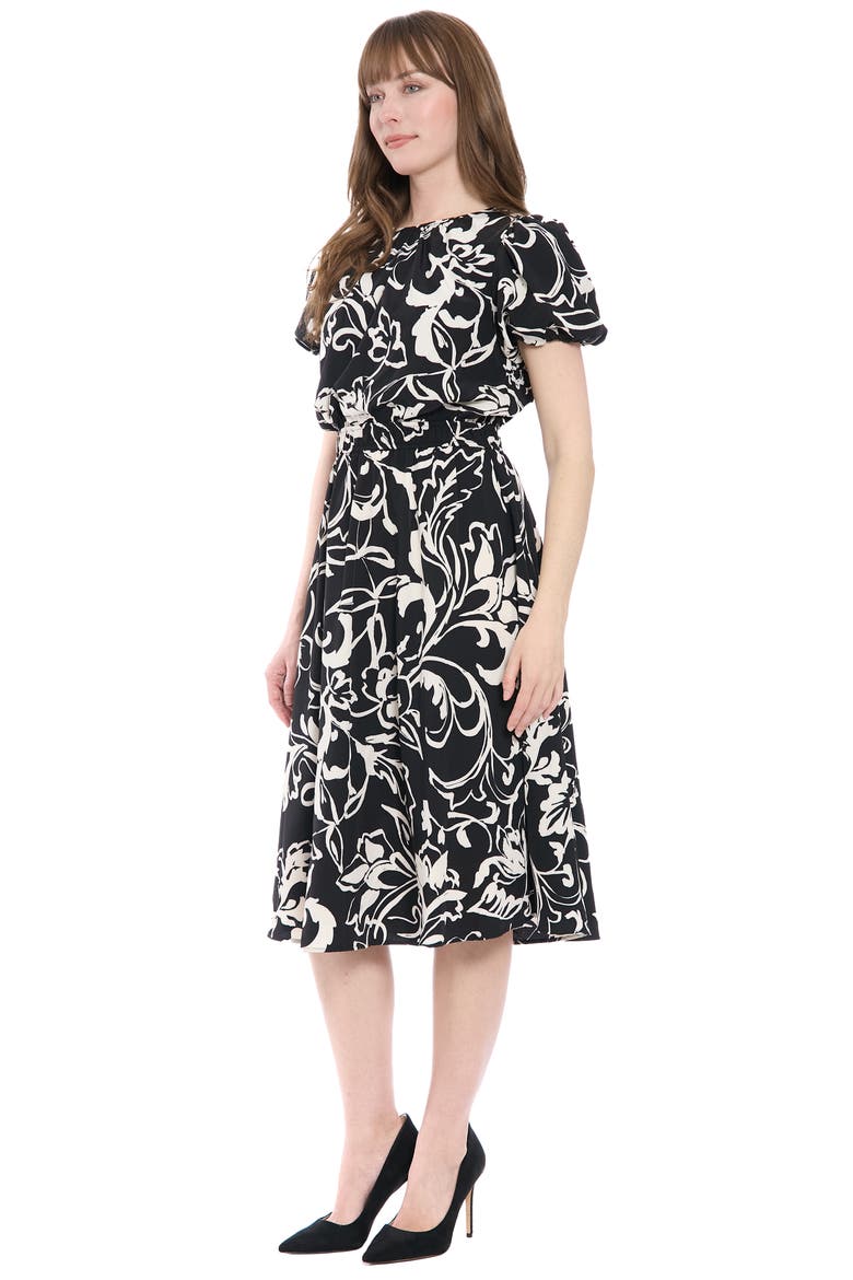 Puff Sleeve Midi Dress, Alternate, color, BLACK/ BONE