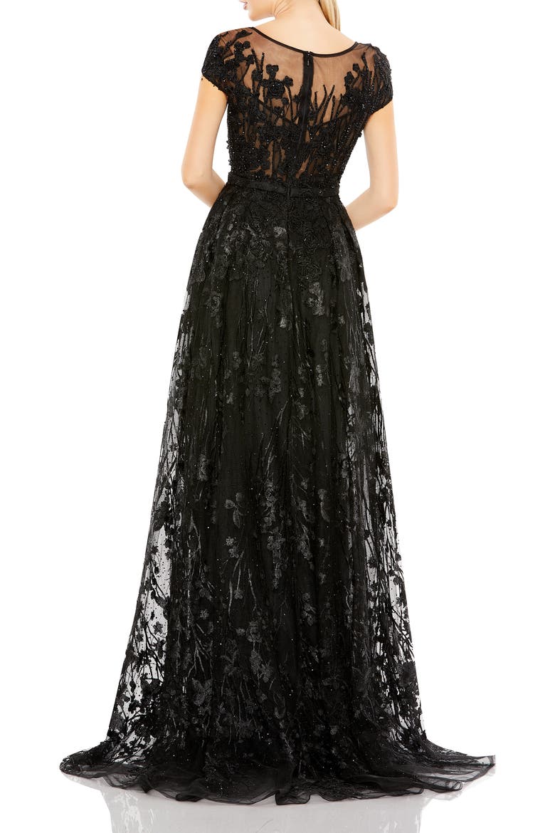 Embellished Floral Cap Sleeve A Line Gown, Alternate, color, BLACK