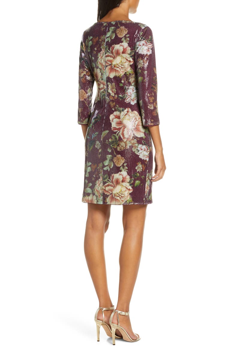 Floral Sequin Shift Dress, Alternate, color, WINE MULTI