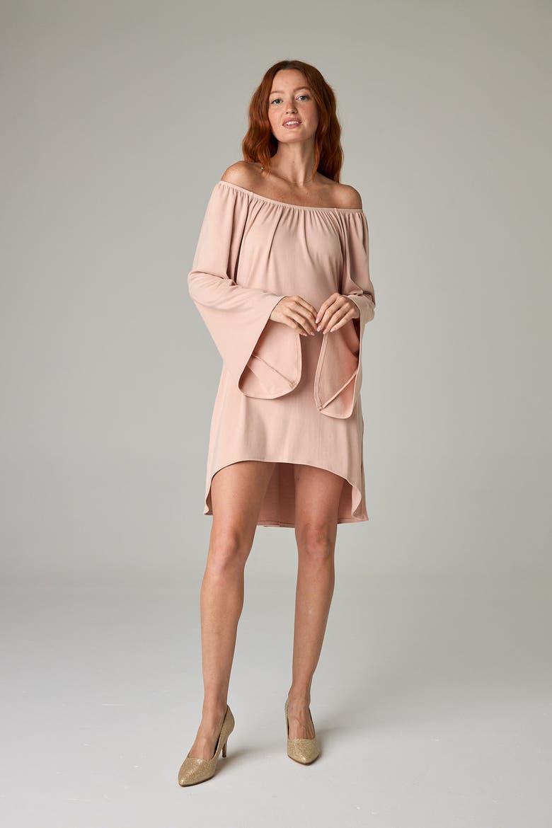 Peyto Eco-Luxe Rib Off-Shoulder Flutter Tunic/Dress - Ultra-Luxe Flow, Alternate, color, Rose Quartz