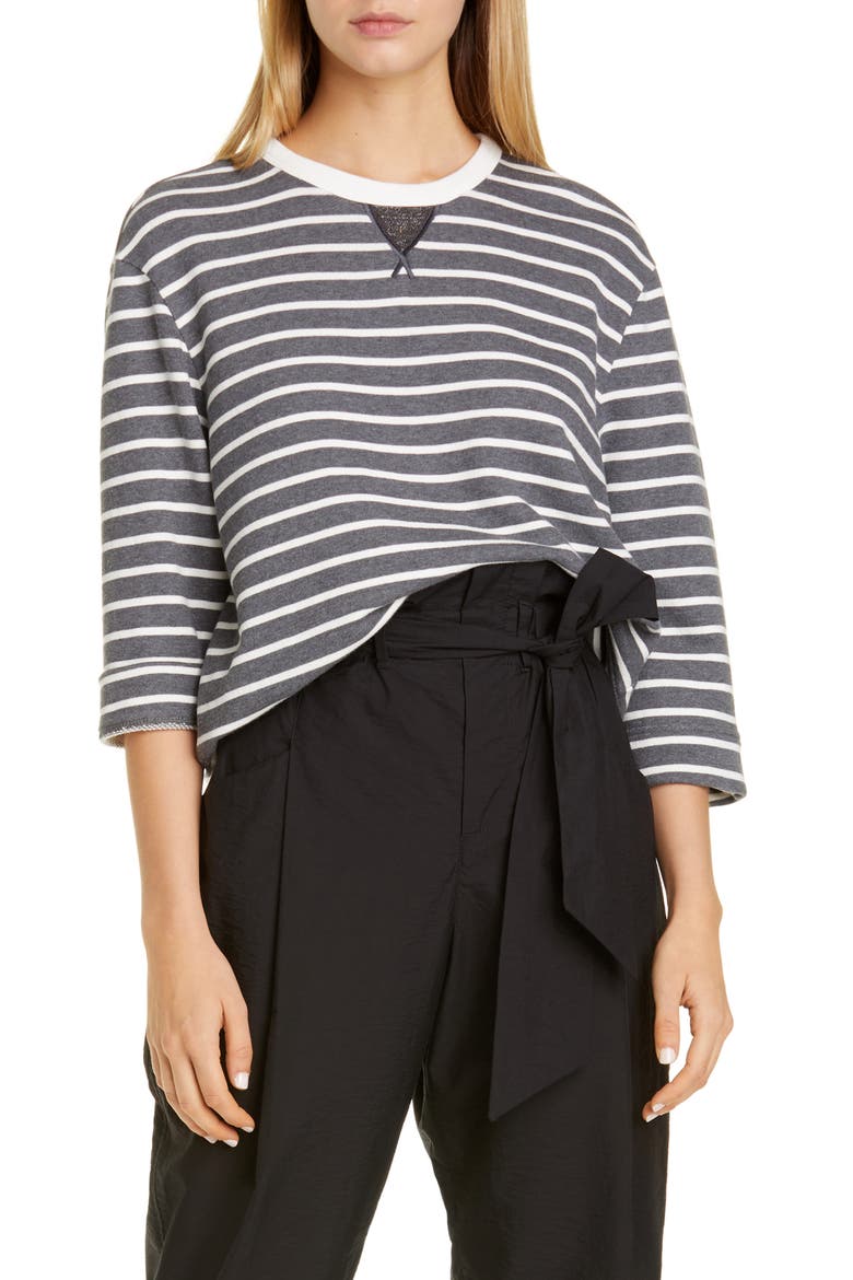 Monili Detail Stripe Cotton Sweatshirt, Main, color, CHARCOAL