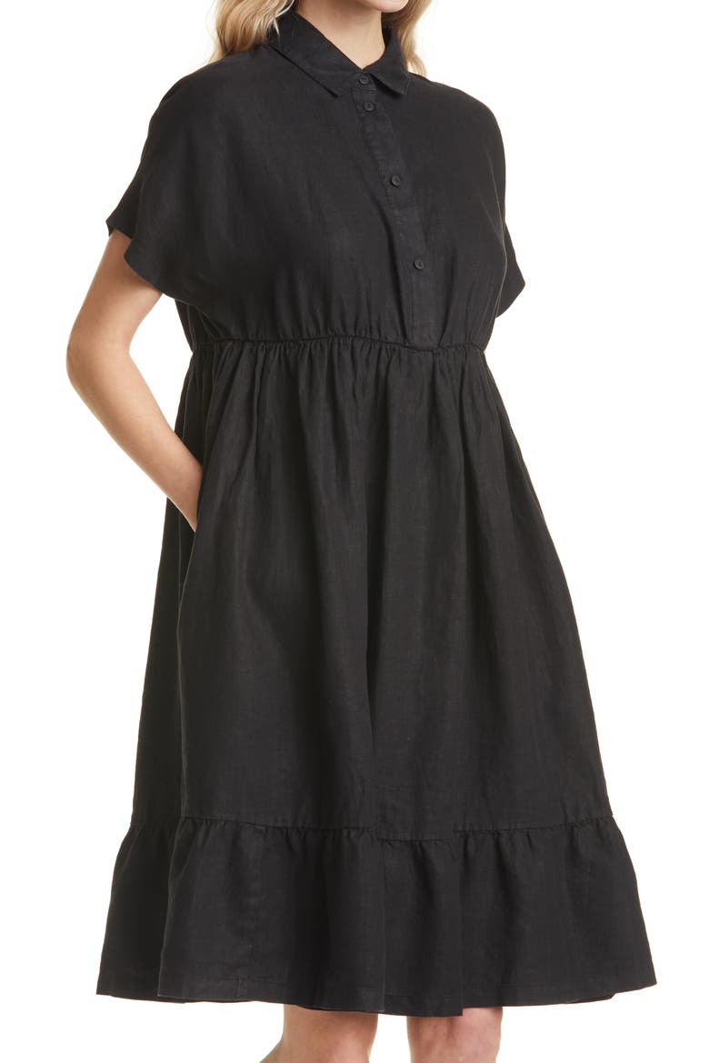 Ruffle Hem Linen Dress, Alternate, color, BLACK
