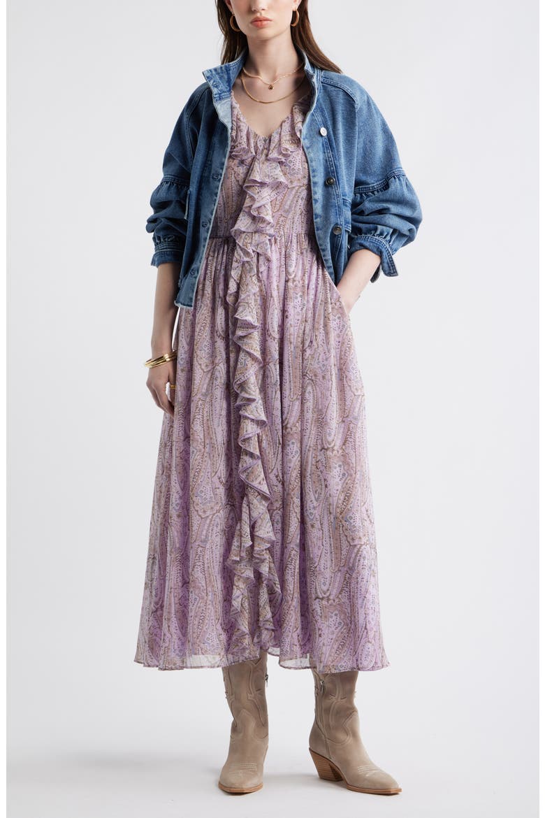 Ruffle V-Neck Maxi Dress, Alternate, color, PURPLE- BLUE ANTIQUE PAISLEY