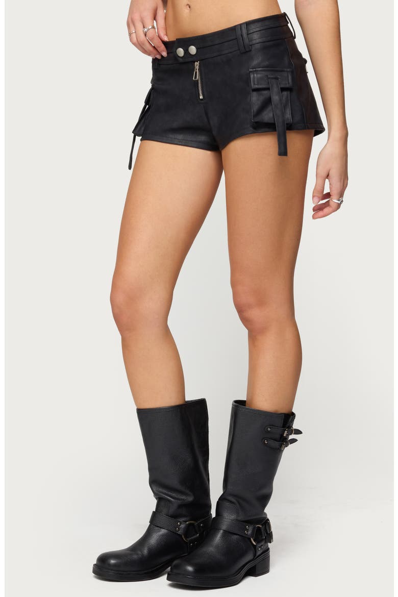 Faux Leather Micro Cargo Shorts, Alternate, color, BLACK