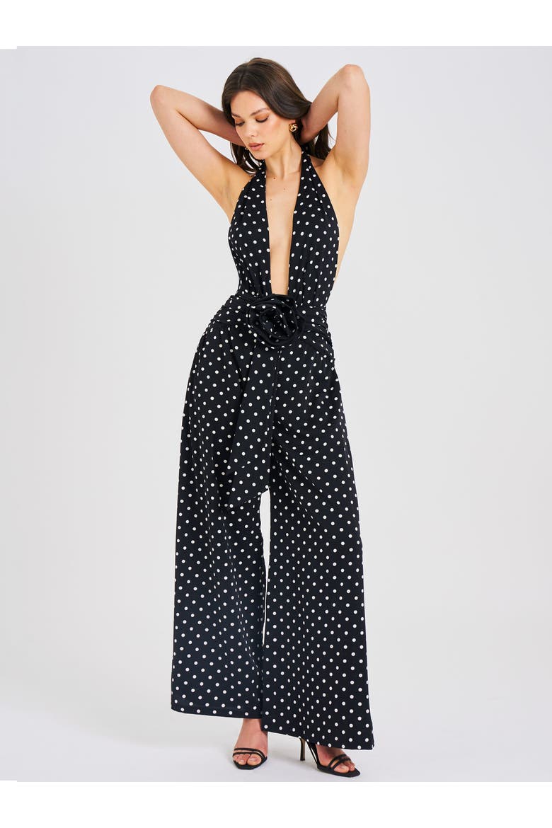 Orianaa Polka Dots Halter Jumpsuit, Alternate, color, Black
