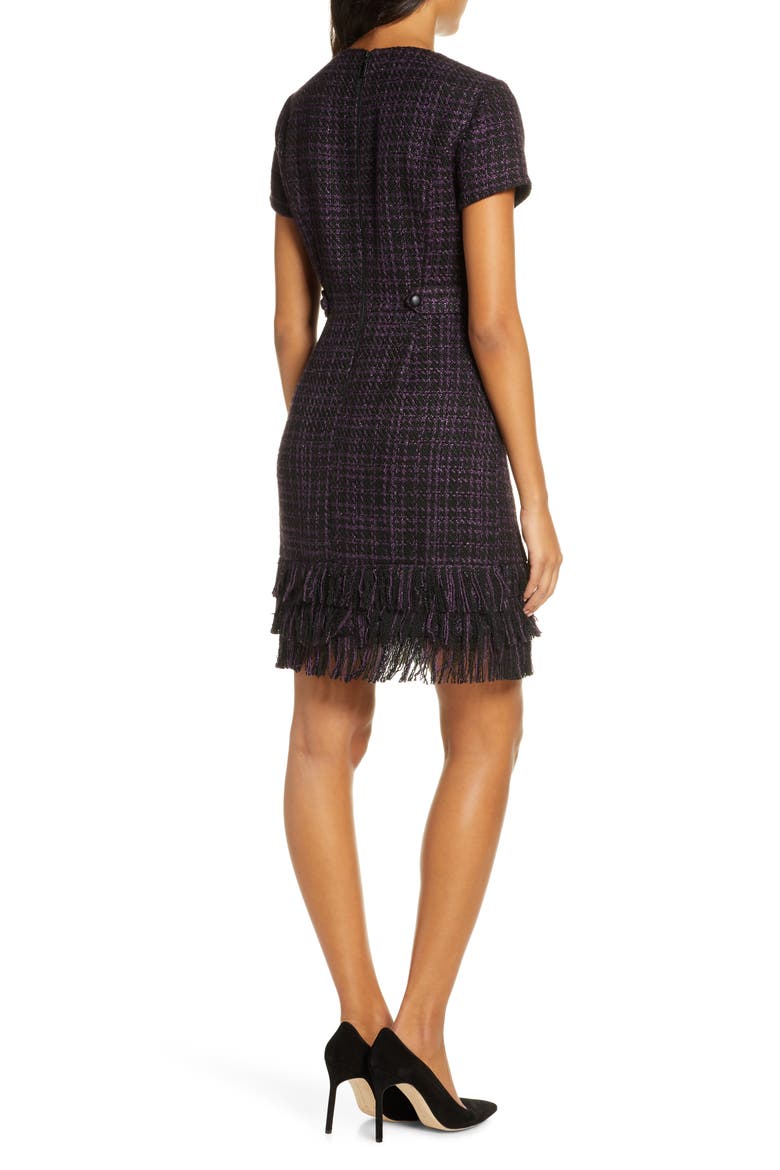 Tiered Fringe Bouclé Sheath Dress, Alternate, color, BLACK/ PURPLE