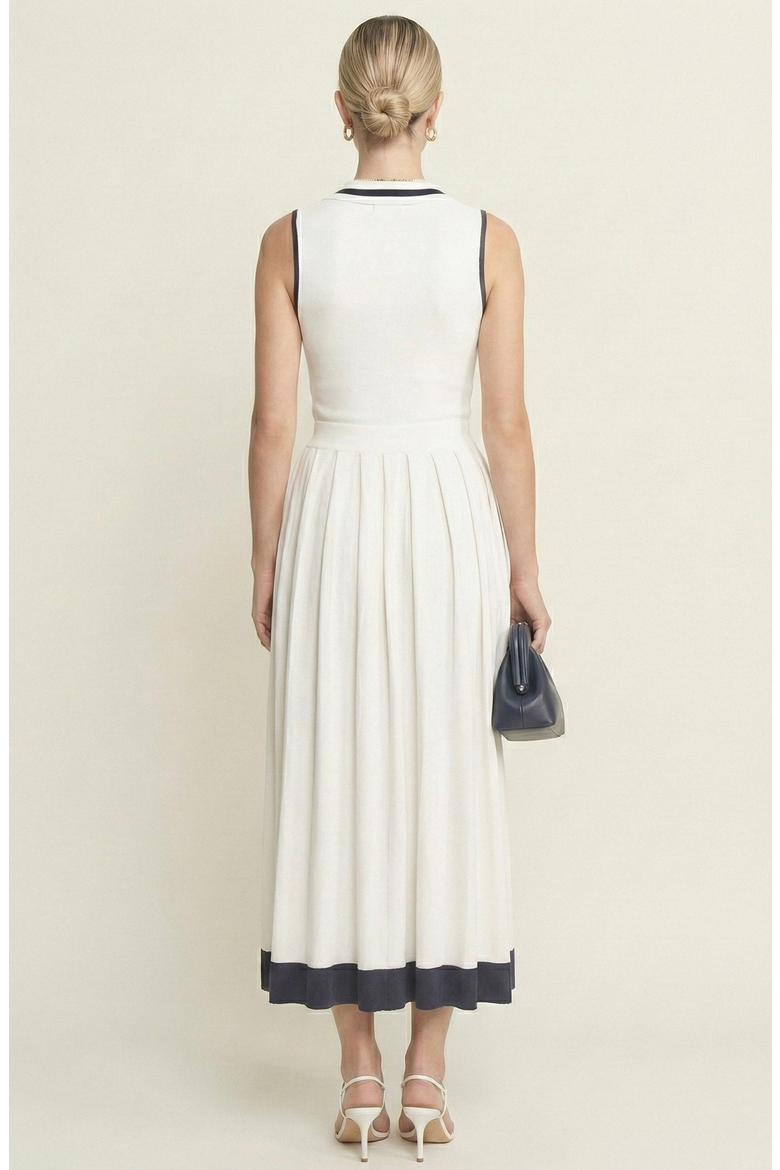 Sleeveless Knit Midi Dress with Contrast Collar and Hem Detail, Alternate, color, White
