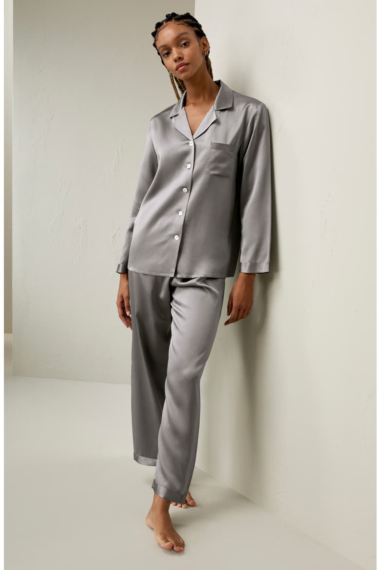 Women's Full Length Silk Pajamas Set, Alternate, color, Dark Gray