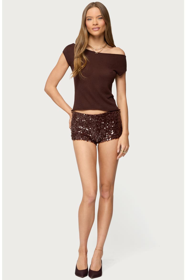 Holly Glitter Off the Shoulder Top, Alternate, color, DARK-BROWN