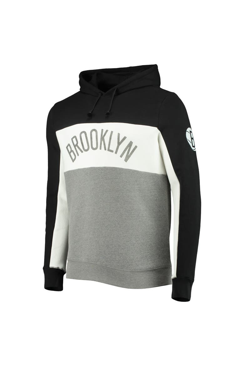 Men's Junk Food Black/White Brooklyn Nets Wordmark Colorblock Fleece Pullover Hoodie, Alternate, color, Black