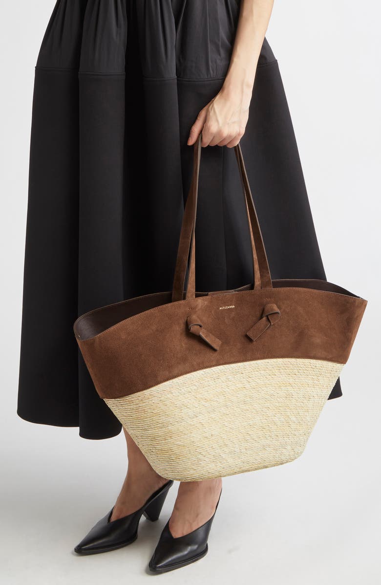 Altuzarra Large Knot Straw & Leather Tote, Alternate, color, Chocolate