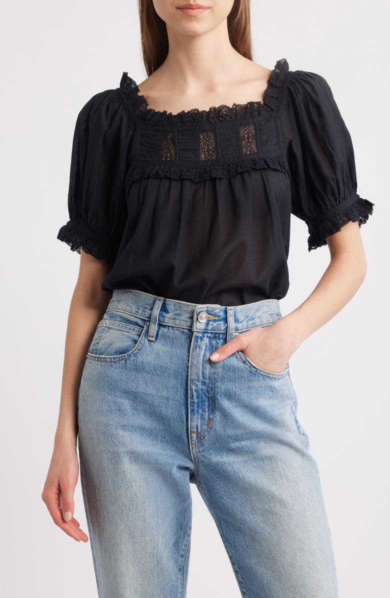 DÔEN Frances Lace Inset Cotton Blend Top, Main, color, Black