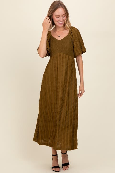Smocked V-Neck Short Puff Sleeve Textured Midi Dress