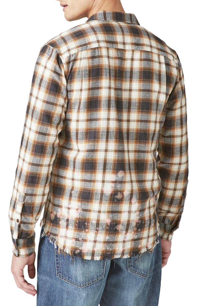 Acid Wash Frayed Hem Plaid Flannel Button-Up Shirt, Alternate, color, BROWN PLAID