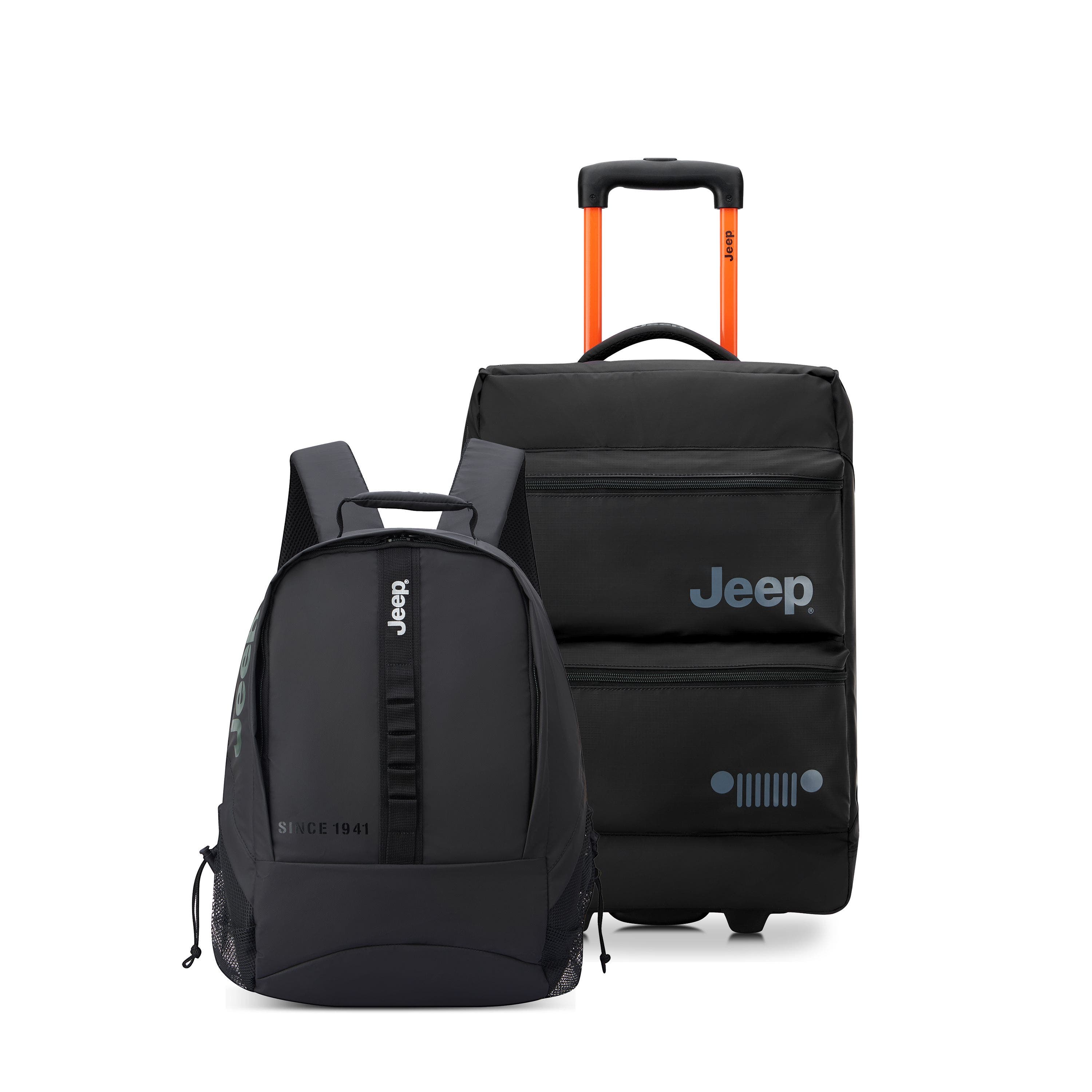 JEEP Softside 20" Two Wheel Rolling Travel Duffle Bag [JS006B] & Laptop Travel Backpack [JS011B] Set, Main, color, Black
