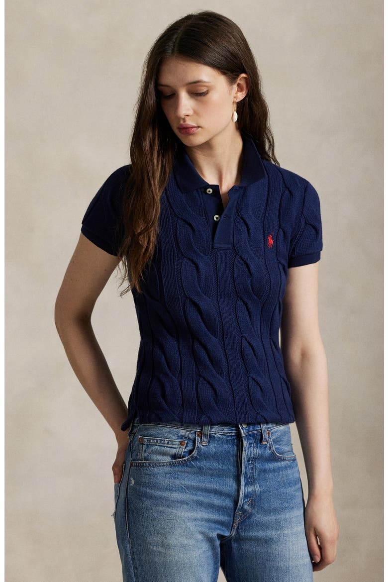 Cotton Cable Knit Polo, Alternate, color, NEWPORT NAVY