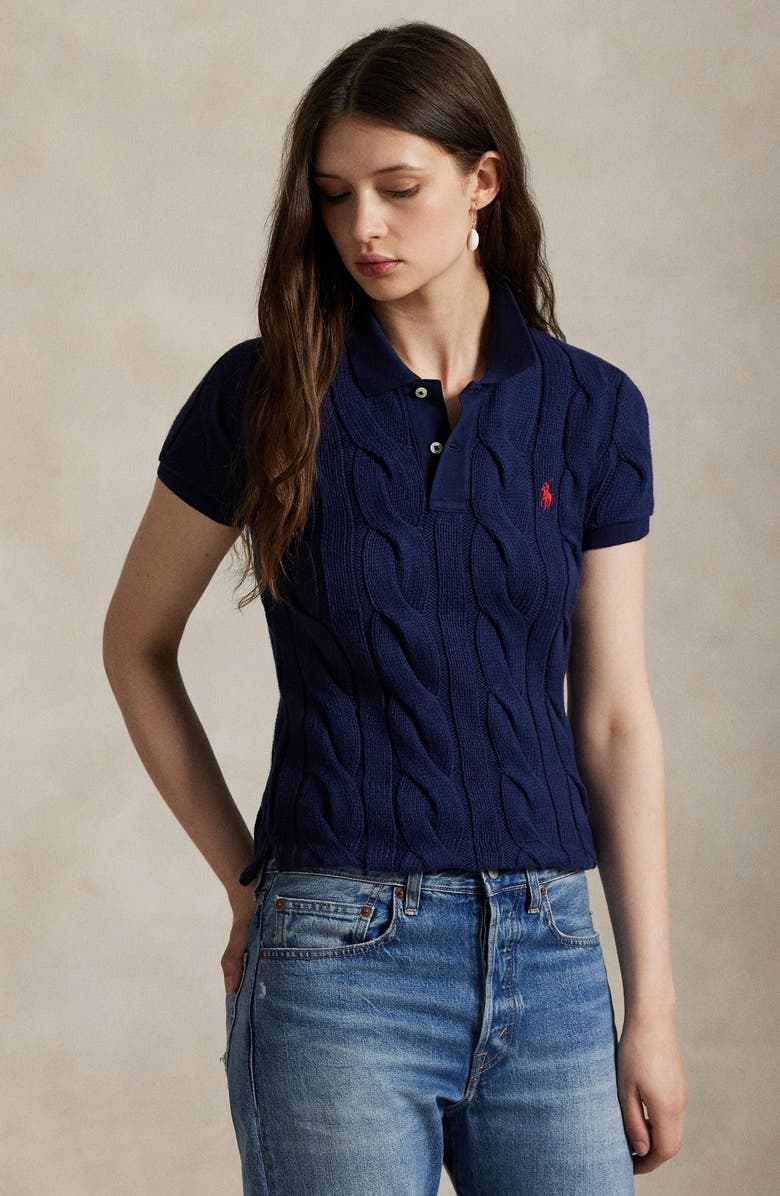 Polo Ralph Lauren Cotton Cable Knit Polo, Alternate, color, Newport Navy