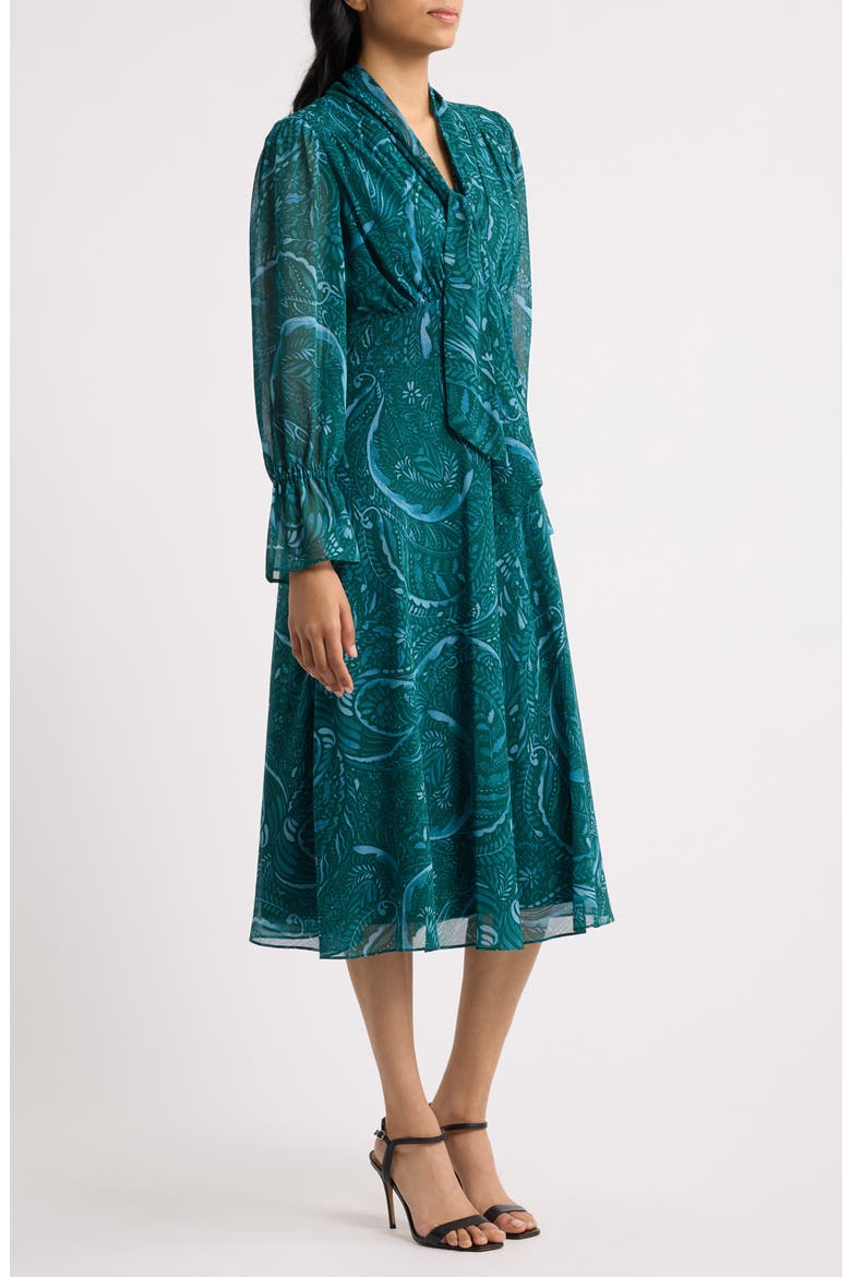 Print Tie Neck Long Sleeve Midi Dress, Alternate, color, TEAL PAISLEY