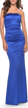 La Femme Chic Strapless Liquid Jersey Gown with Ruching