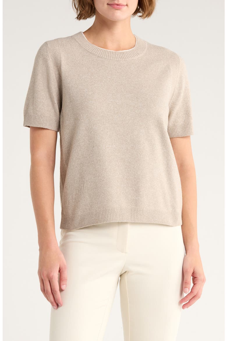 Contrast Detail Short Sleeve Sweater, Main, color, LIGHT HEATHER TAUPE