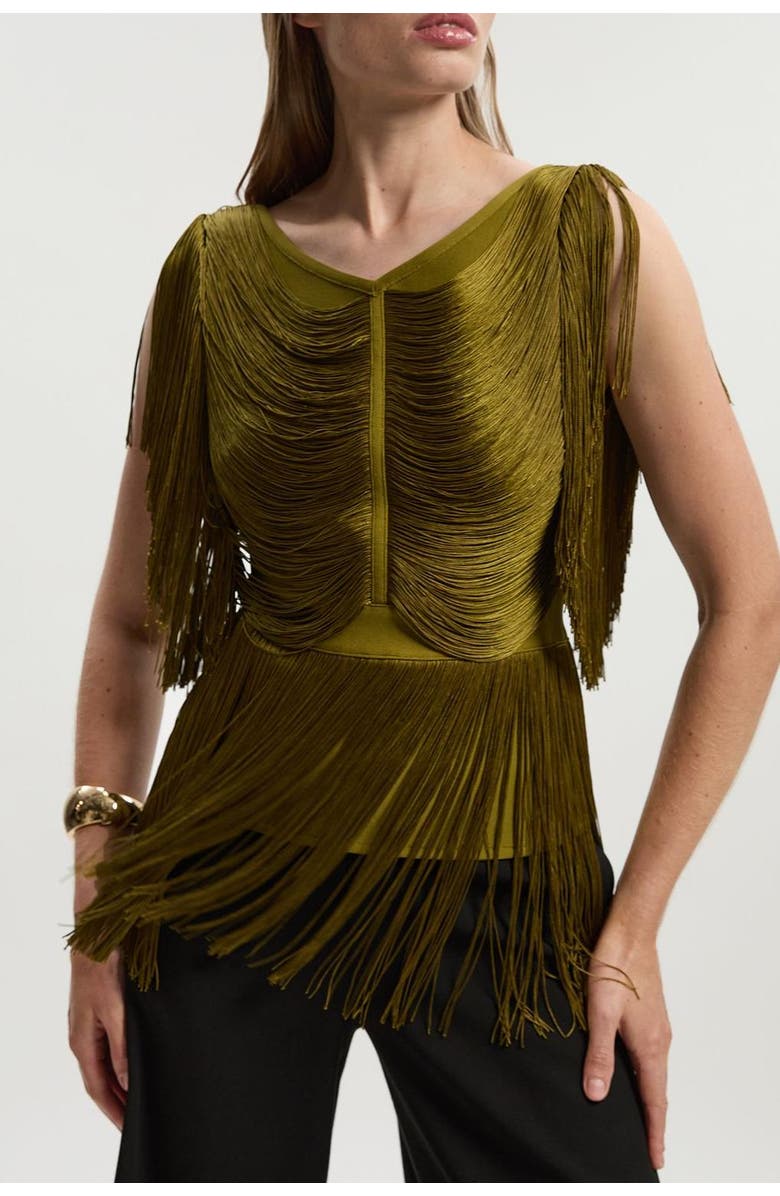 Karen Millen Draped Fringe Knitted Top, Alternate, color, Olive