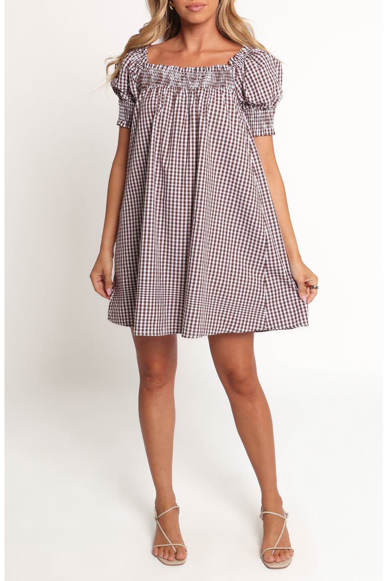 Kennedy Puff Sleeve Smocked Gingham Minidress, Main, color, CHOCOLATE GINGHAM