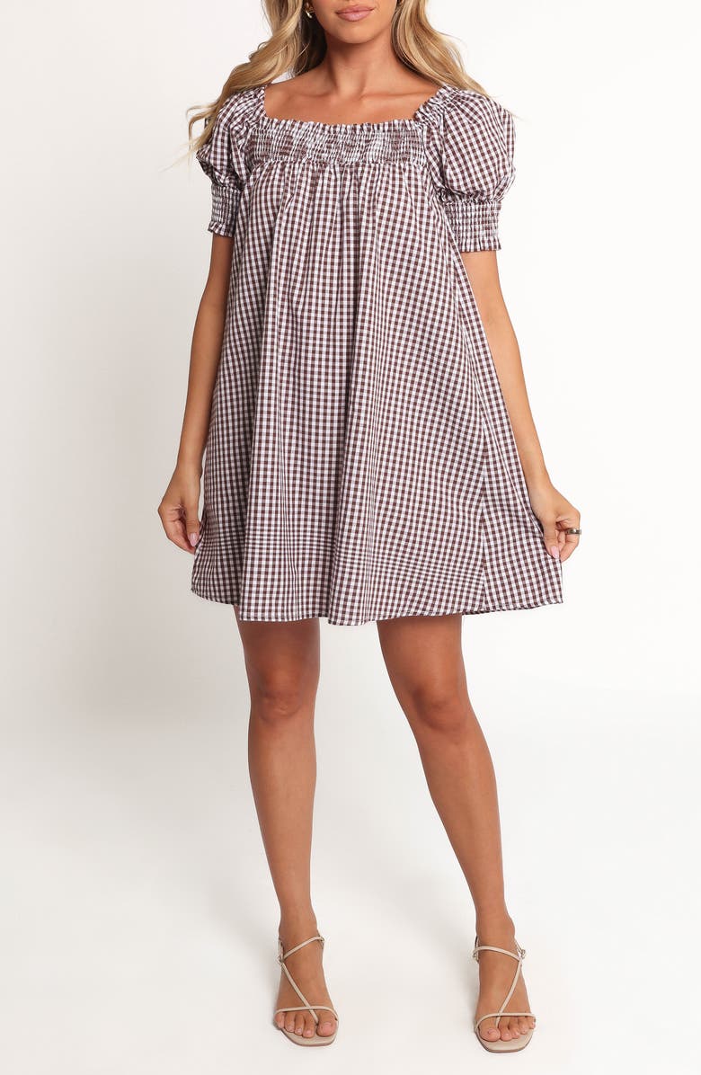 Petal & Pup Kennedy Puff Sleeve Smocked Gingham Minidress, Main, color, Chocolate Gingham