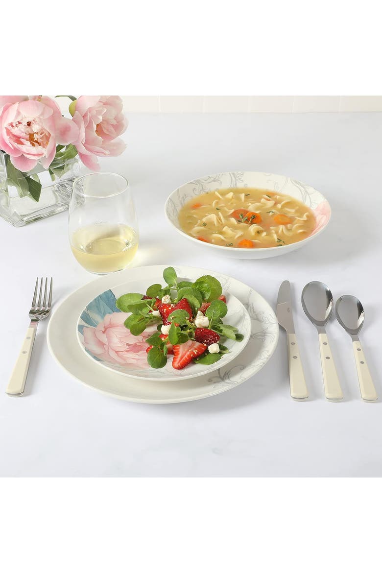 Peony 12 piece Round Fine Ceramic Dinnerware Set, Alternate, color, White and Pink
