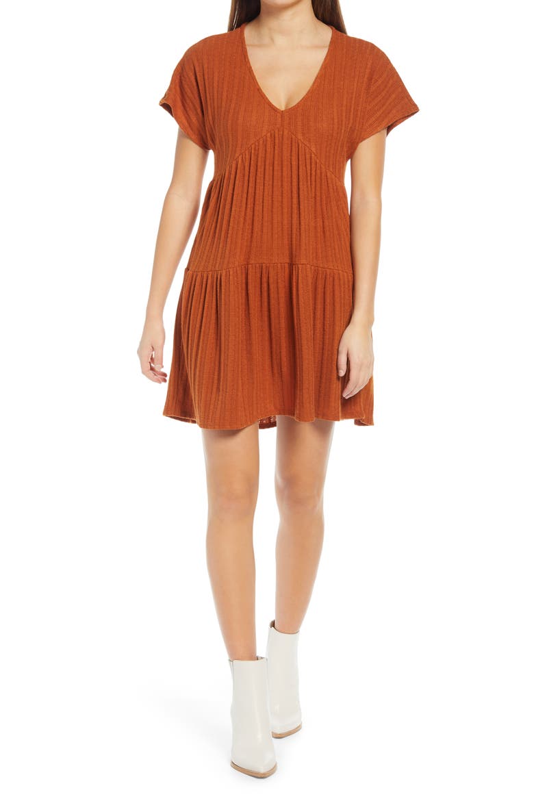 Rib Babydoll Dress, Main, color, RUST