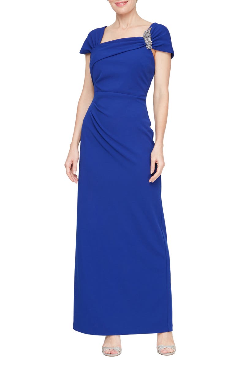 Alex Evenings Cap Sleeve Crepe Gown, Main, color, Royal
