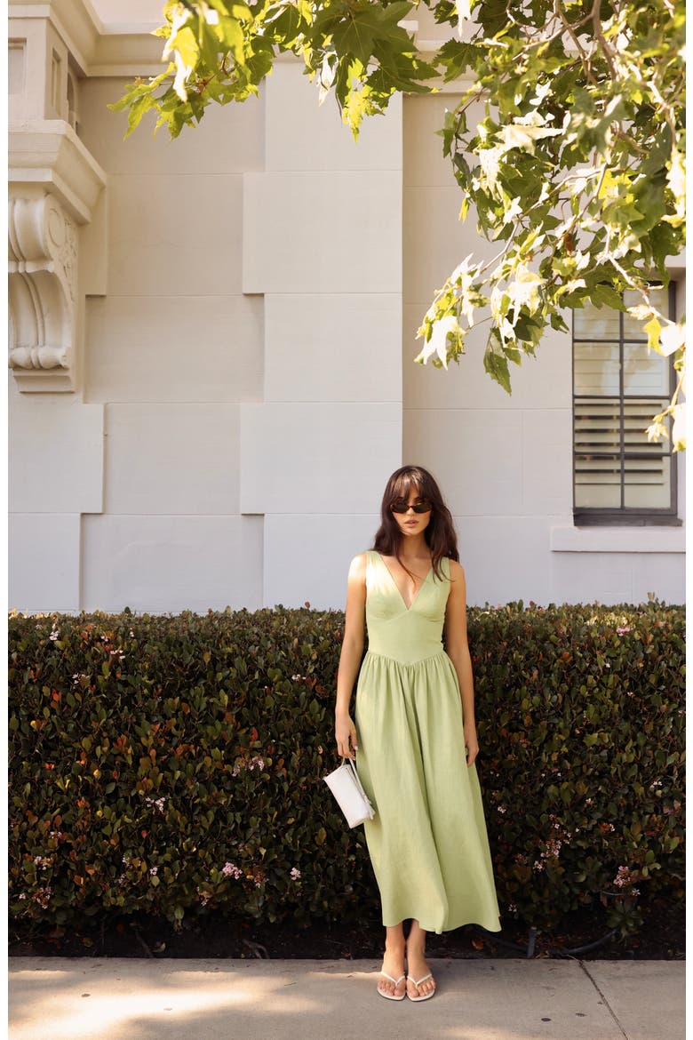 Vivia Plunge Neck Drop Waist Midi Dress, Alternate, color, PISTACHIO