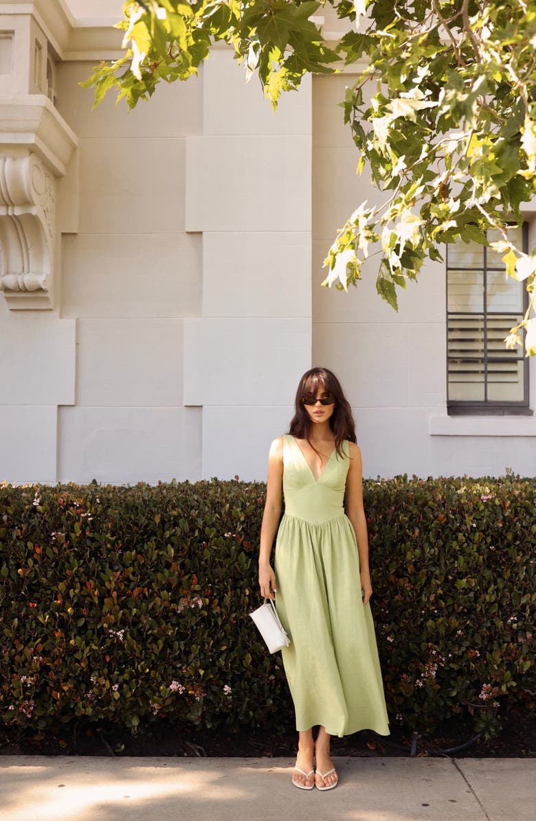WAYF Vivia Plunge Neck Drop Waist Midi Dress, Alternate, color, Pistachio