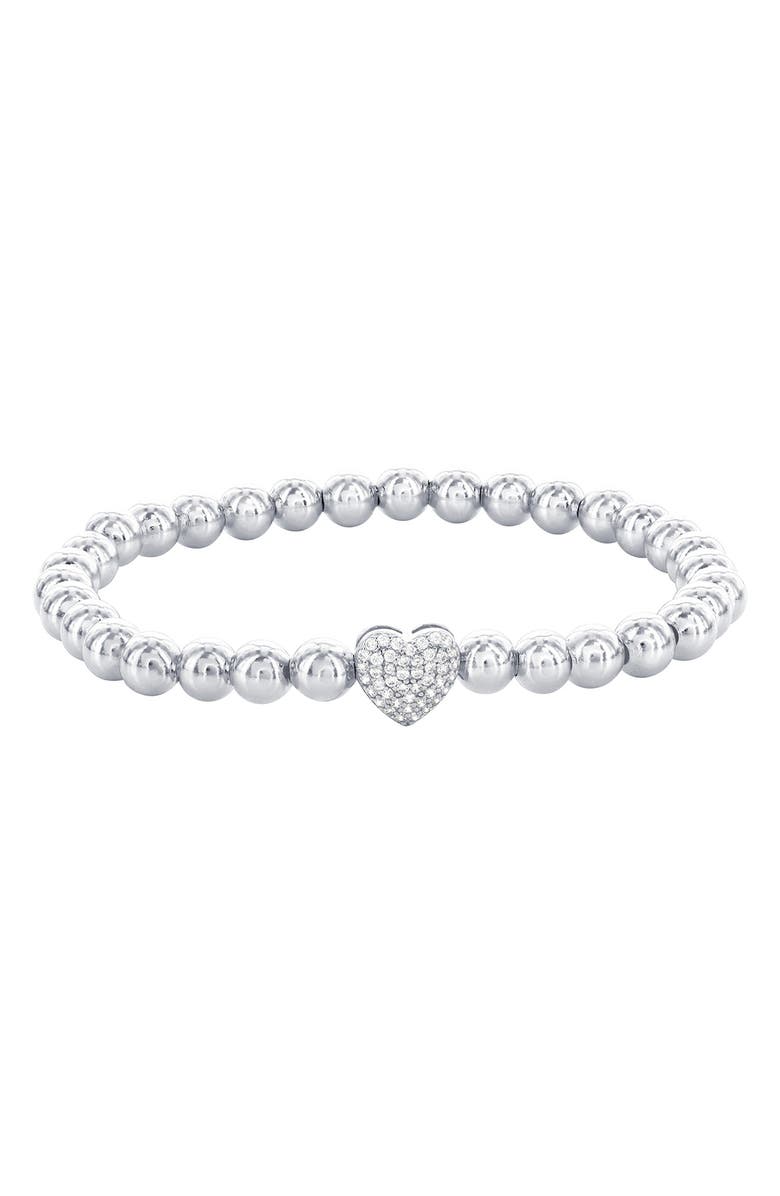SIMONA Pavé Cubic Zirconia Heart Beaded Bracelet, Main, color, Silver