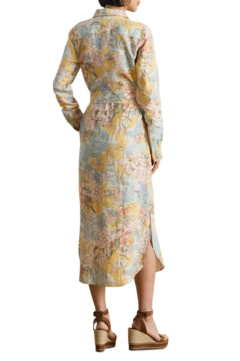 Floral Long Sleeve Linen Midi Shirtdress, Alternate, color, CREAM/ BLUE MULTI
