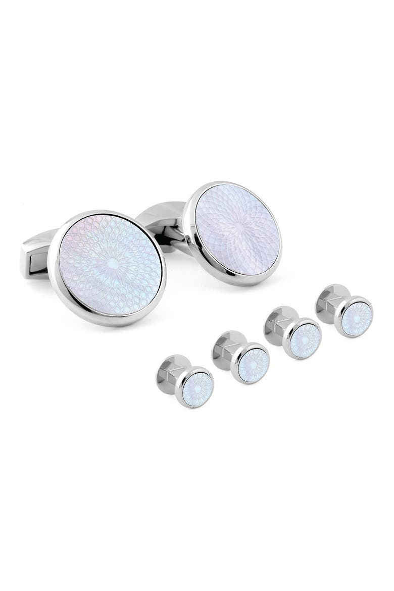 Rotondo Guilloché Mother-of-Pearl Formal Cuff Link & Shirt Stud Set, Main, color, WHITE