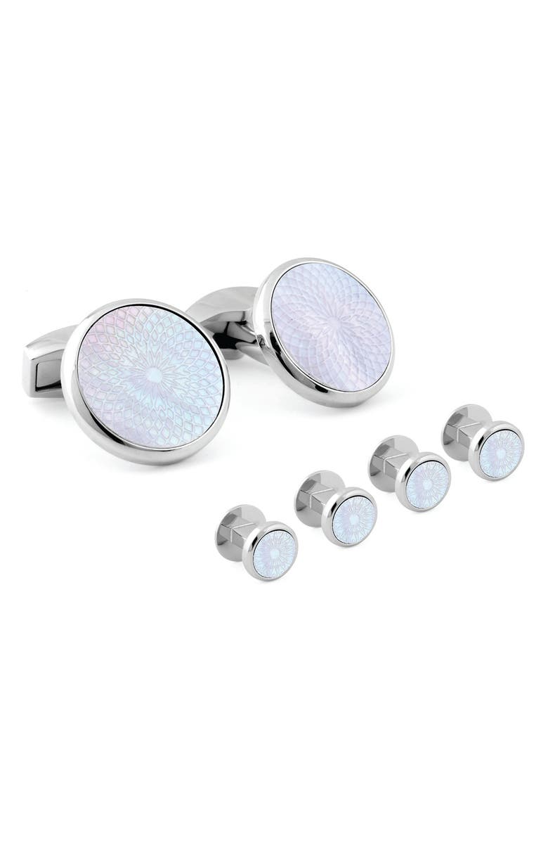 Tateossian Rotondo Guilloché Mother-of-Pearl Formal Cuff Link & Shirt Stud Set, Main, color, White