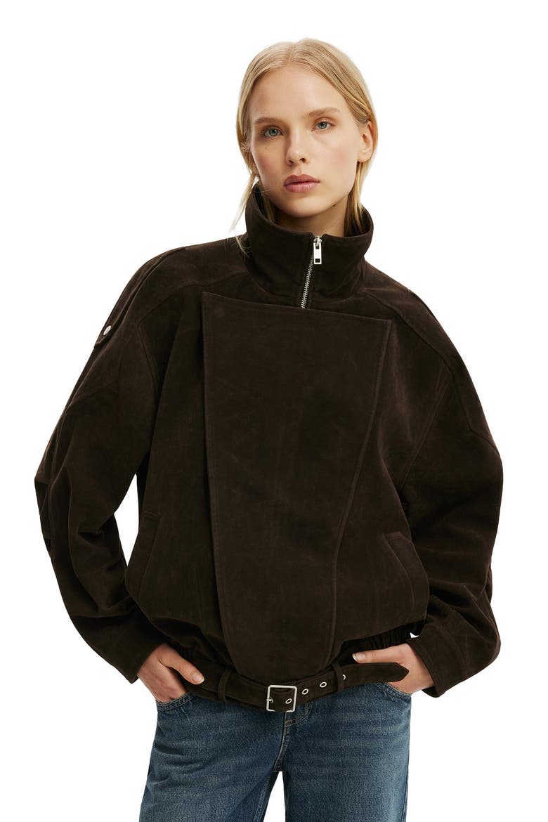 Women's Cove Faux Suede Biker Jacket, Main, color, Dark Oak