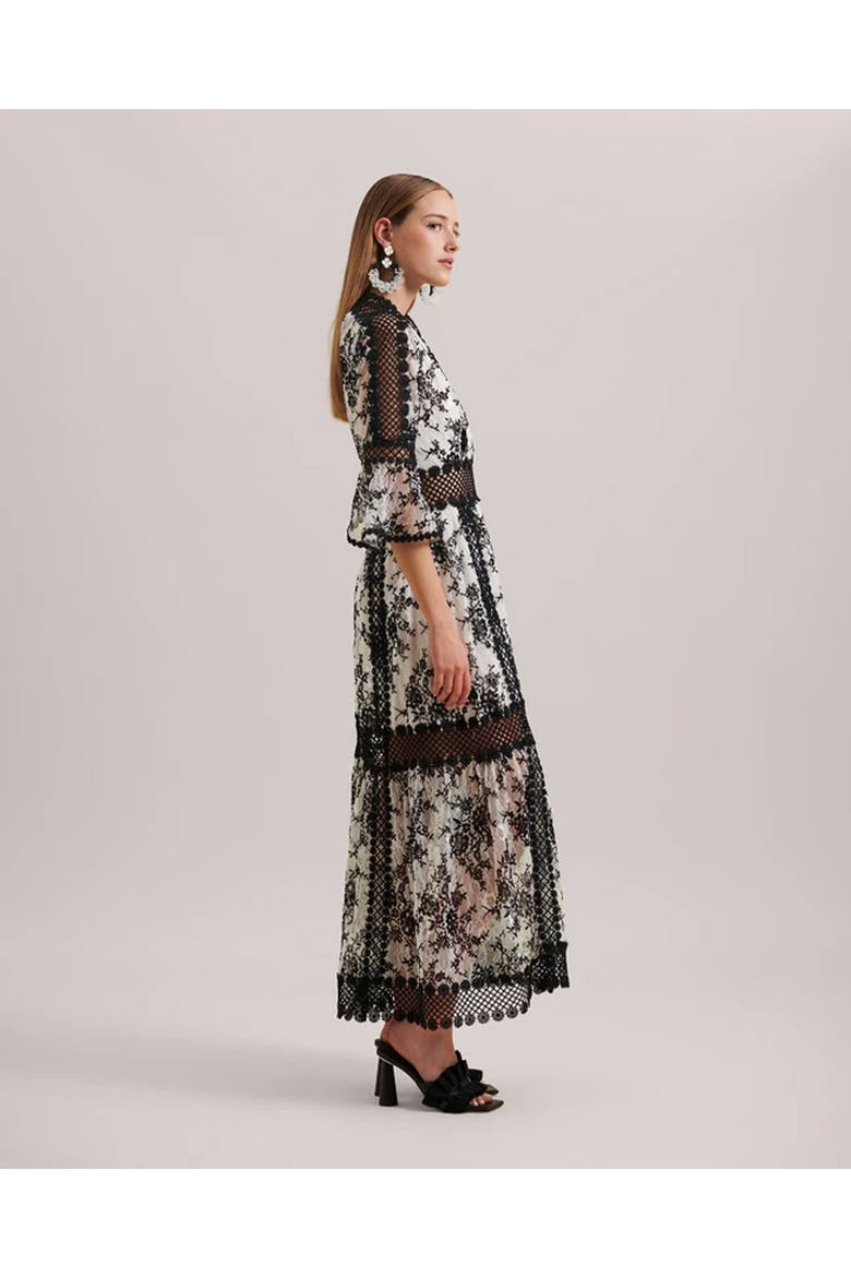 Amodio Long Floral Lace Dress, Alternate, color, Black/White