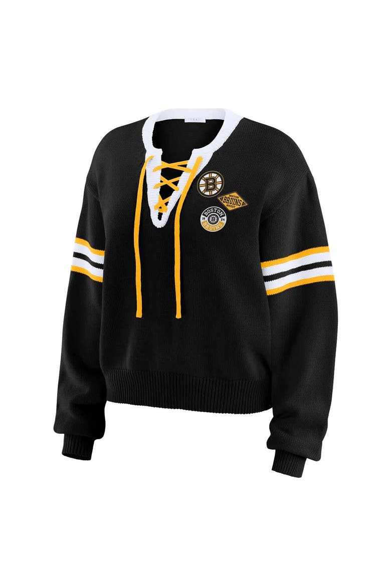 Women's WEAR by Erin Andrews  Black Boston Bruins Cropped Lace-Up Sweater, Alternate, color, Black