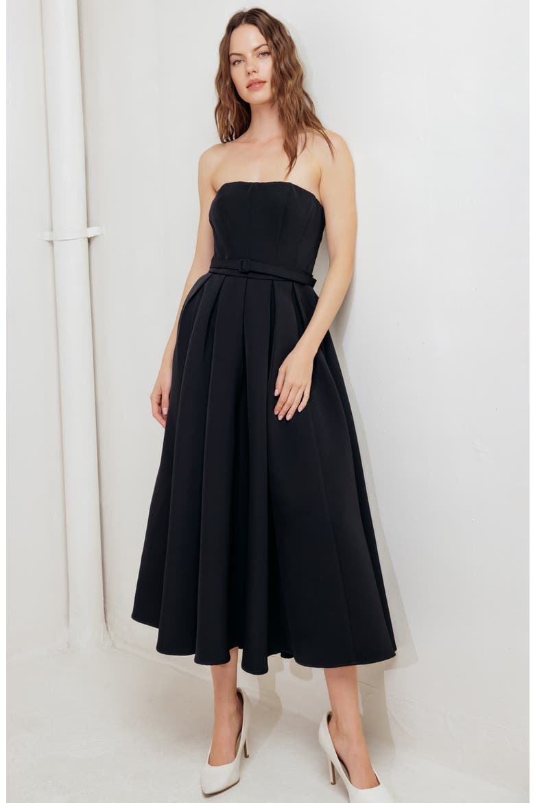 Belted Strapless Midi Dress, Alternate, color, BLACK